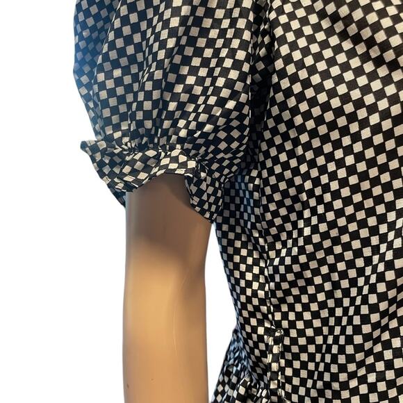 Handmade Babydoll Retro Midi DRESS Women M Black Checkered Stretch Elastic Waist - Picture 5 of 11